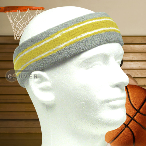 Grey with Yellow & White Striped Basketball/Sports Headband Pro, 3Pairs