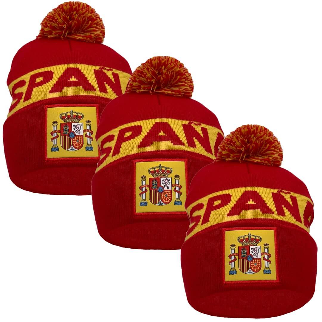 Spain Soccer Team/Country Beanie w/Pom Pom, Cuff 12", 3PCs/Pack