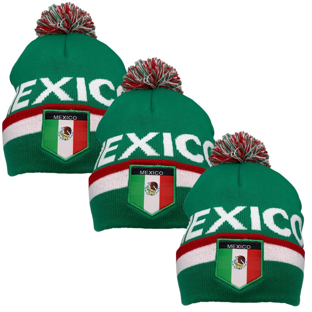 Mexico Soccer Team/Country Green Beanies with Pom Pom, 3PCs/Pack