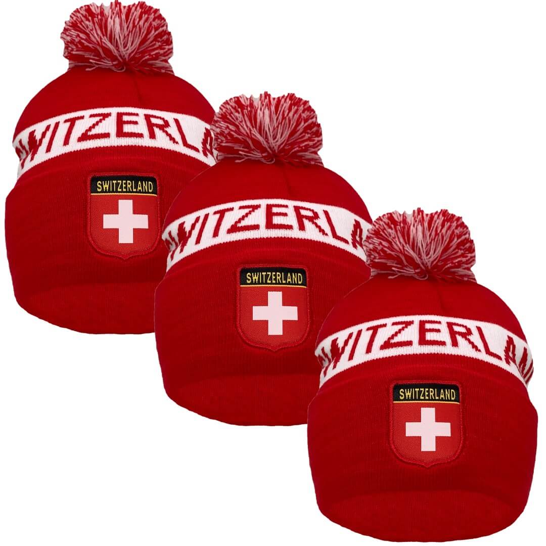 Switzerland Soccer Team/Country Beanie w/Pom Pom, Cuff 12", 3PCs/Pack