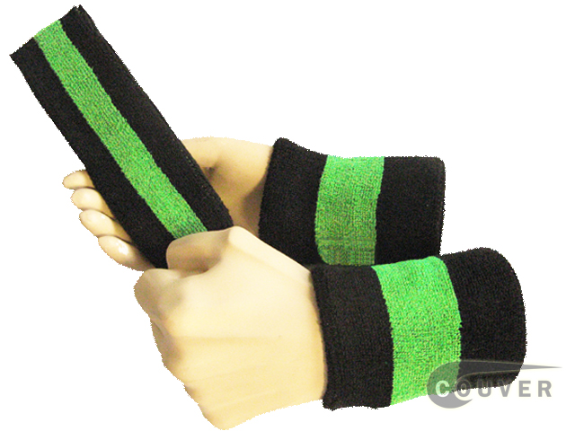 Black bright lime green black 2color striped sweatbands set