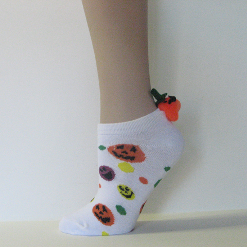 Kids White Halloween Pumpkins Pompom Lowcut Socks [1pair]
