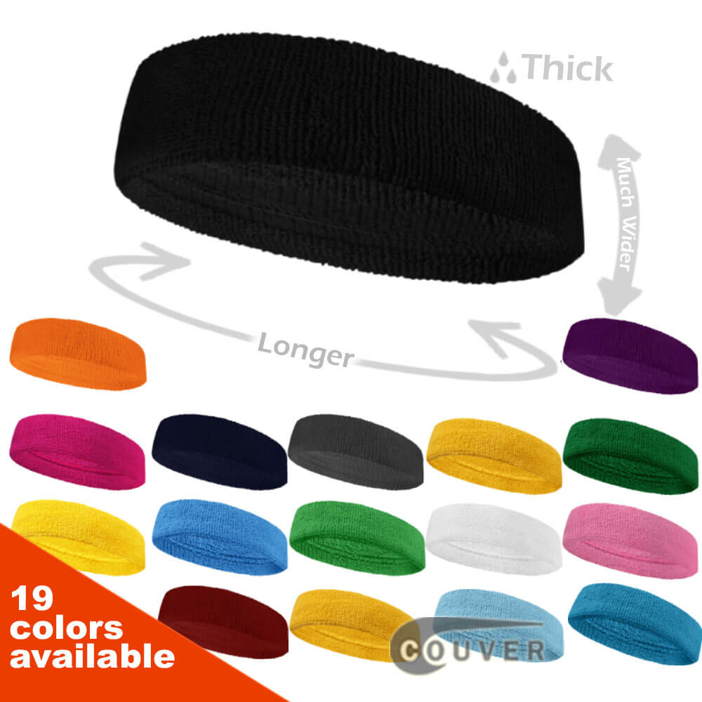 Couver Large & Thick Plain Color Basketball Head Sweatbands Pro 3PCs Set