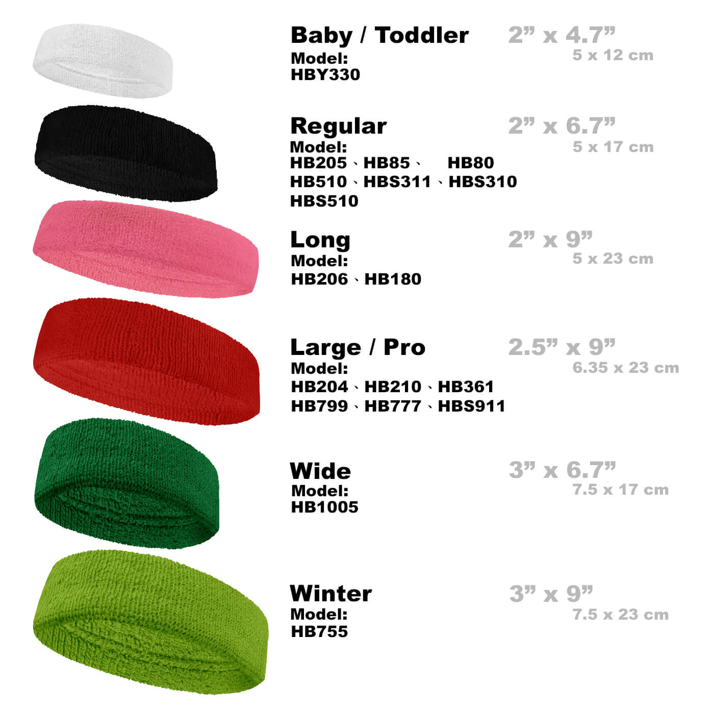 Size Chart for Sports Terry Headband