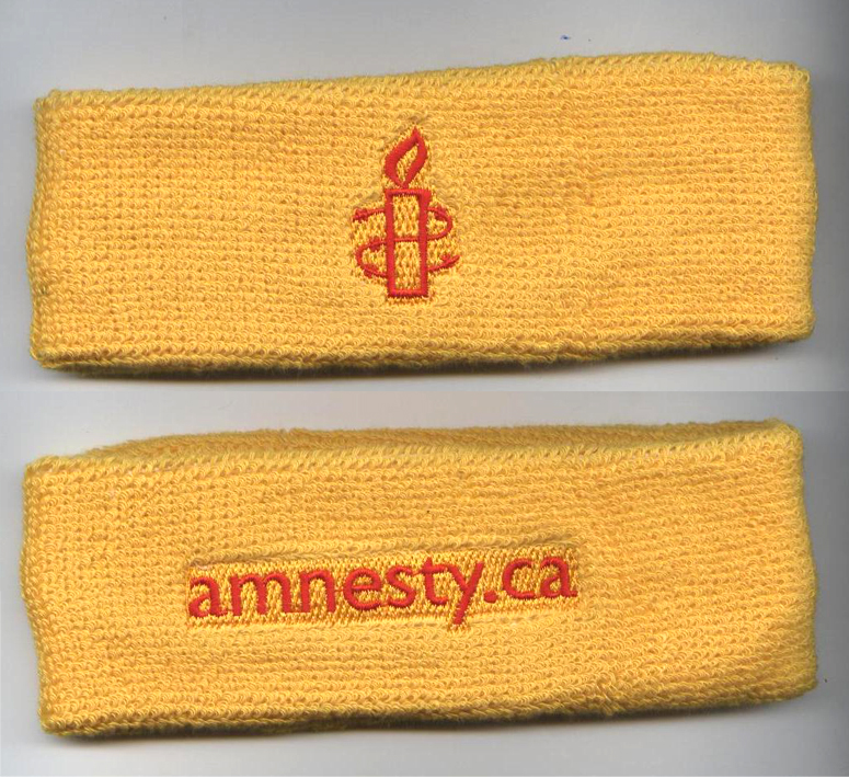 Custom Yellow Headband with Red Logo and Words Embroidery Sample