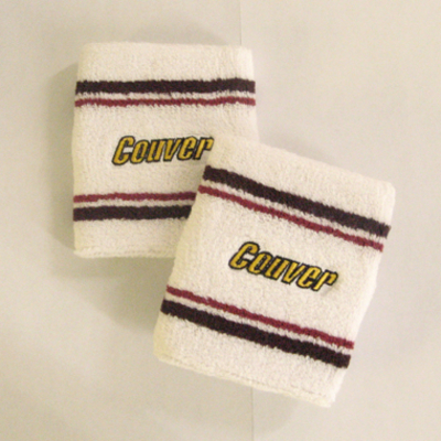 Couver tennis style white wristband with brown red stripes