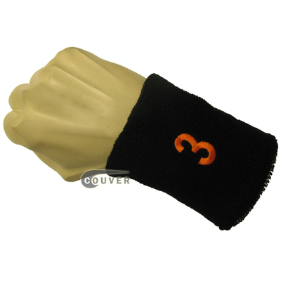Black numbered sweat band number 3 three embroidered in orange