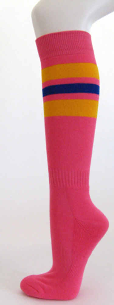 Bright pink with golden yellow blue stripe knee high socks 3 PAIRs