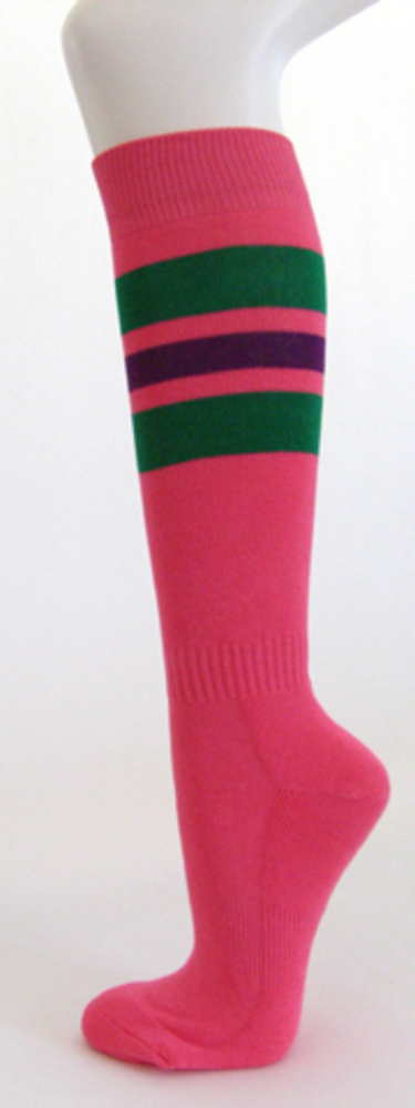 Bright pink with green and purple stripe knee high socks [3 PAIRs]
