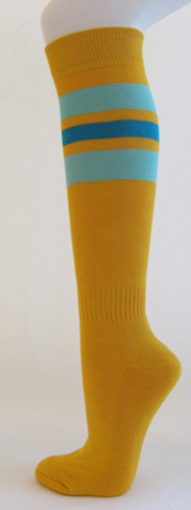 Golden yellow with sky blue and blue stripe knee high softball sock 3PRs