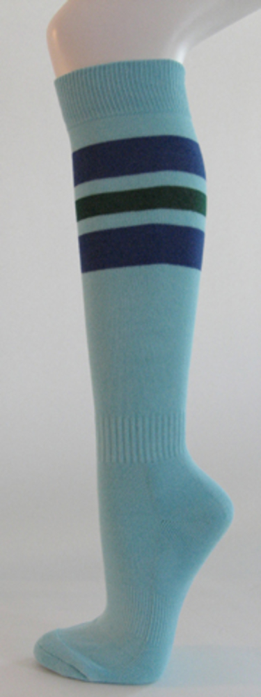 Light sky blue with blue dark green stripe knee softball socks [3 PAIRs]