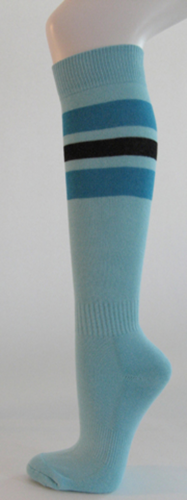 Light sky blue with bright blue black striped knee softball sock 3PAIRs