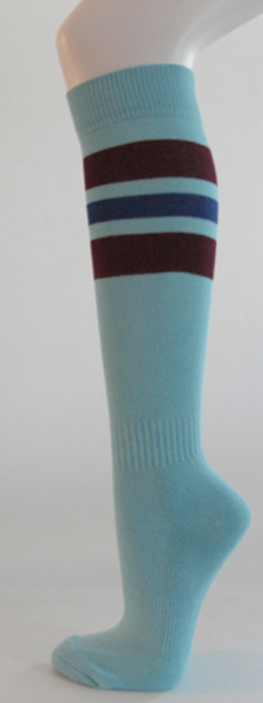 Light sky blue with maroon and blue striped knee softball socks 3PAIRs