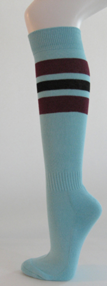 Light sky blue with maroon and black striped knee softball socks 3PAIRs