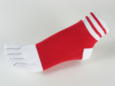 Cotton toe socks red with white stripes on ankle