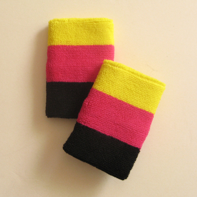 Bright yellow hot pink black 3color striped wrist sweatband