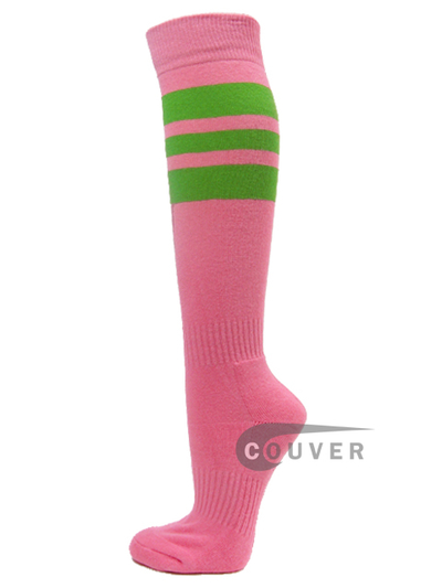 Pink COUVER Sports/Softball socks with 3 lime green stripes 3PAIRs