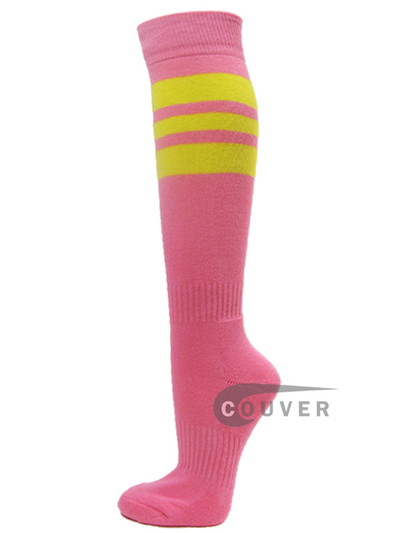 Pink COUVER sports/softball socks with 3 bright yellow stripes 3PAIRs