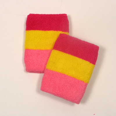 Hot pink bright yellow pink striped sweatbands for wrist