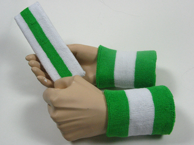white bright green white striped sweatbands set