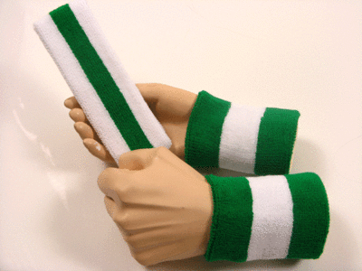 white green white 2color striped sweatbands set