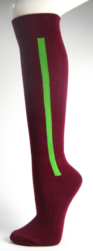 Maroon baseball softball socks with bright green stripe