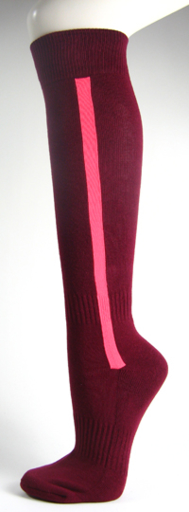 Maroon baseball softball socks with bright pink stripe
