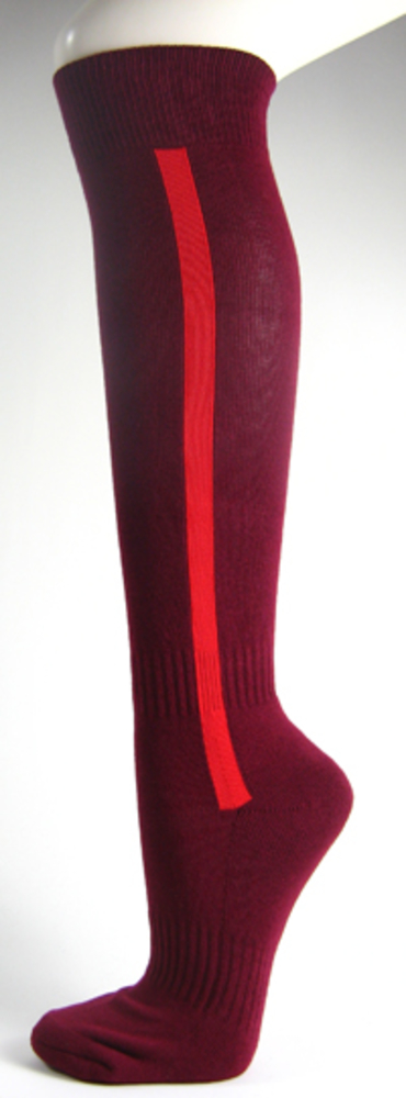 Maroon baseball softball socks with red stripe