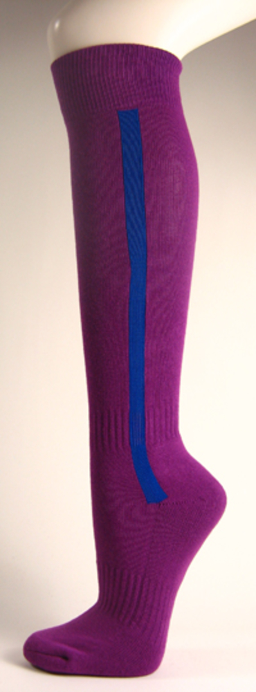 Purple baseball softball socks with blue stripe