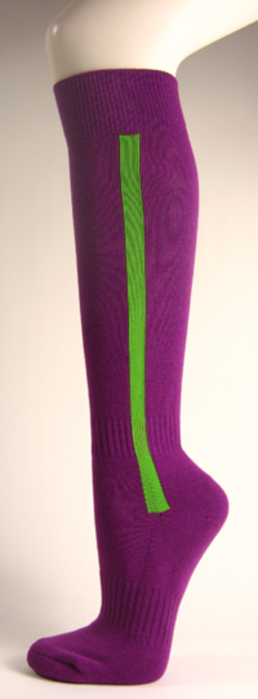 Purple baseball softball socks with bright green stripe