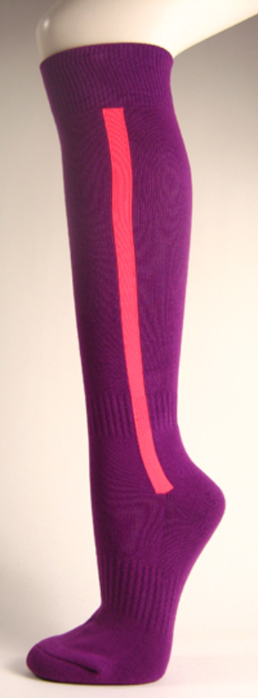 Purple baseball softball socks with bright pink stripe