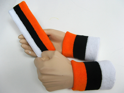 Orange black white 3color striped head wrist sweatbands set