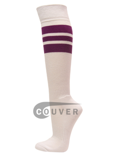 Purple Stripe on White COUVER Knee High Sport/Softball Socks 3PRs