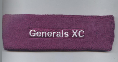 Custom purple head sweatband with white text embroidery