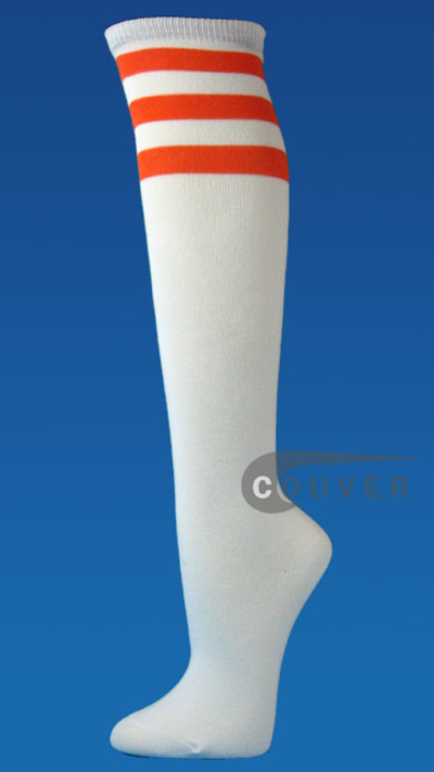 Orange Stripe on White Couver Cotton Fashion Knee Socks 6PAIRS