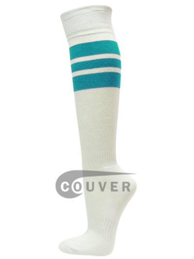 Turquoise Blue Stripe on White COUVER Knee High Sports Sock, 3PRs