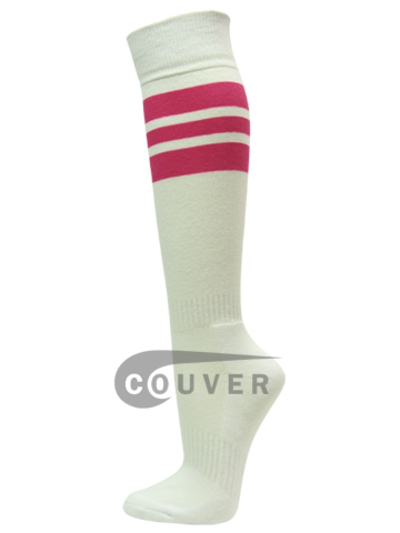Hot Pink Stripes on White COUVER Knee High Sports Socks, 3PRS