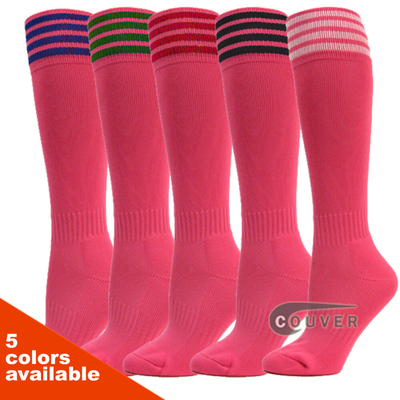 COUVER 4-Striped Bright Pink Youth Football/Sports Knee Socks(3 Pairs)
