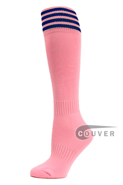COUVER Light Pink with 4 Blue Stripes Youth Football Athletic  Socks