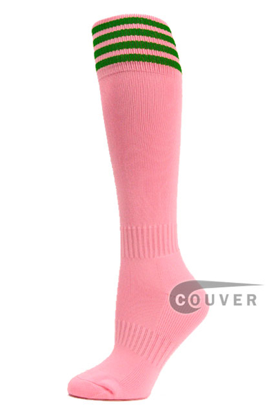 COUVER Light Pink with 4 Green Stripes Youth Football High Socks
