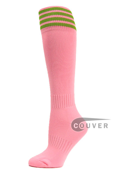 COUVER Light Pink with 4 Lime Green Stripes Youth Football High Socks
