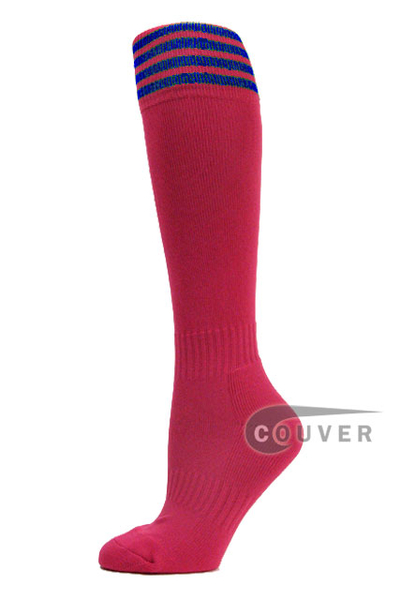 COUVER Hot Pink with 4 Blue Striped Youth Sports/Football High Socks