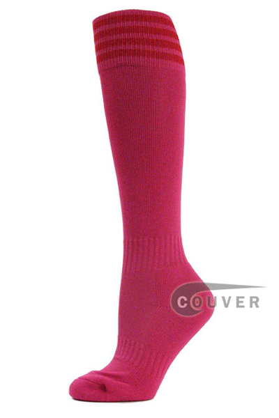 COUVER Hot Pink with 4 Red Stripes Youth Football/Sports High Socks