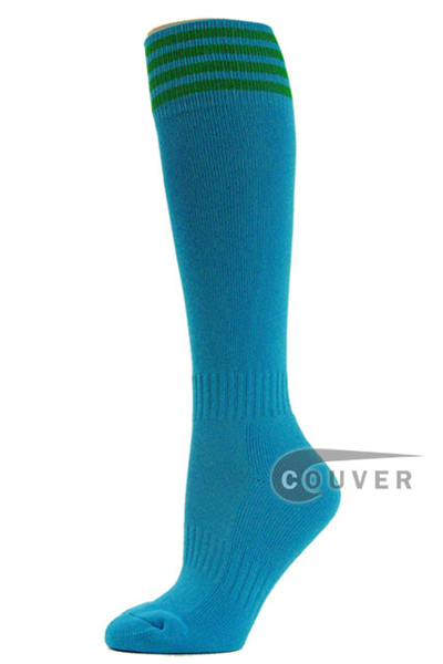 COUVER Bright Blue w/ 4 Green striped Football / Sports Socks 3 Pairs