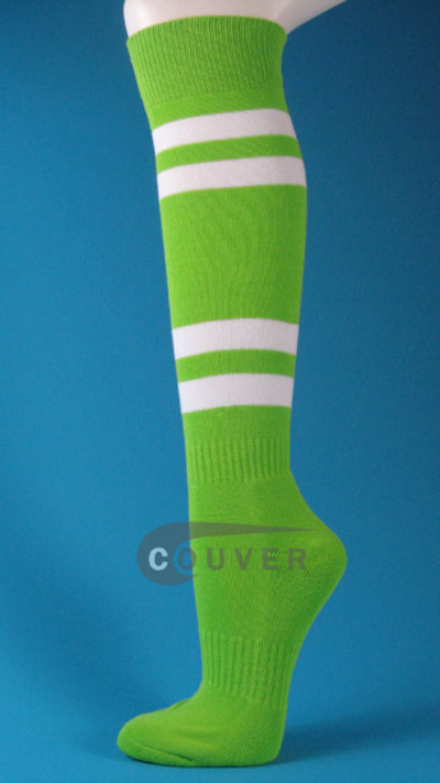 Bright Lime Green White Striped Softball/Sports Knee Socks, 3PRS
