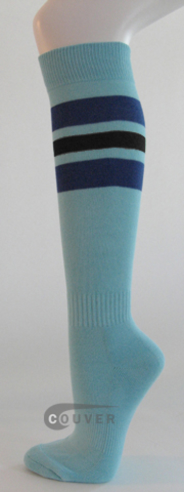 Light SkyBlue Blue Black Striped Knee Hi Softball/Sports Socks[3Pairs]