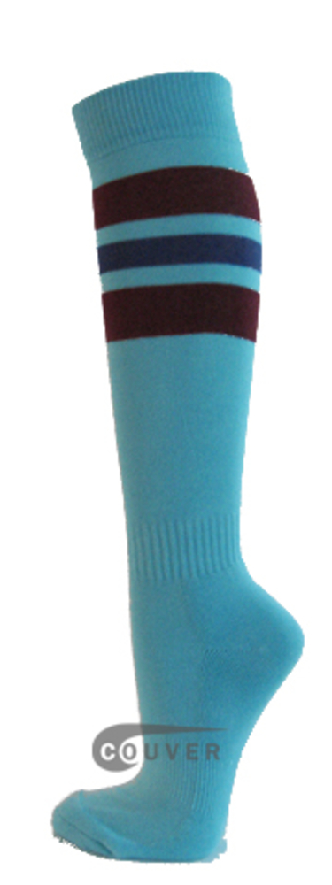 SkyBlue Maroon Blue Stripe Knee Hi Softball/Sports Socks[3 Pairs]