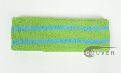 Apple Green with Sky Blue Striped Tennis Couver Head Sweatbands 12PCs