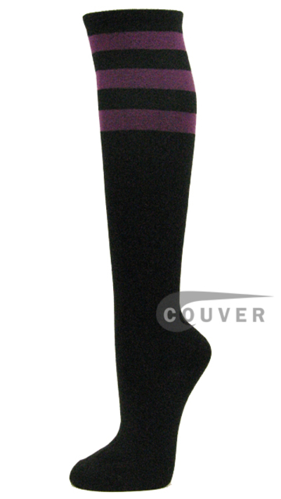 Purple Stripe on Black COUVER Cotton Non-athletic Knee High Socks 6PAIRS