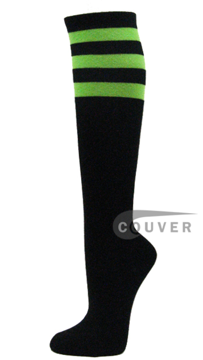 Bright Lime Green Stripes on Black COUVER Cotton Fashion Knee Socks 6PRs